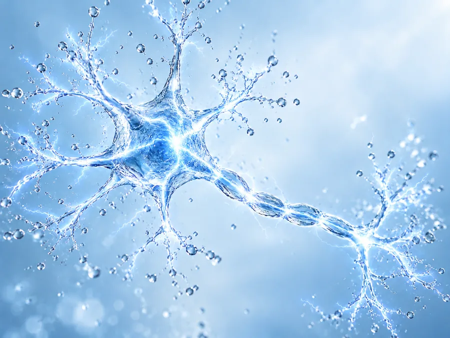 Un neurone formé d’eau et d’éclaboussures dans une lumière bleue